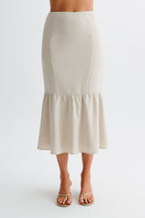 Venezia Linen Midi Skirt With Ruffle - Natural