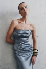 Jasmine Strapless Satin Maxi Dress - Frosted Blue