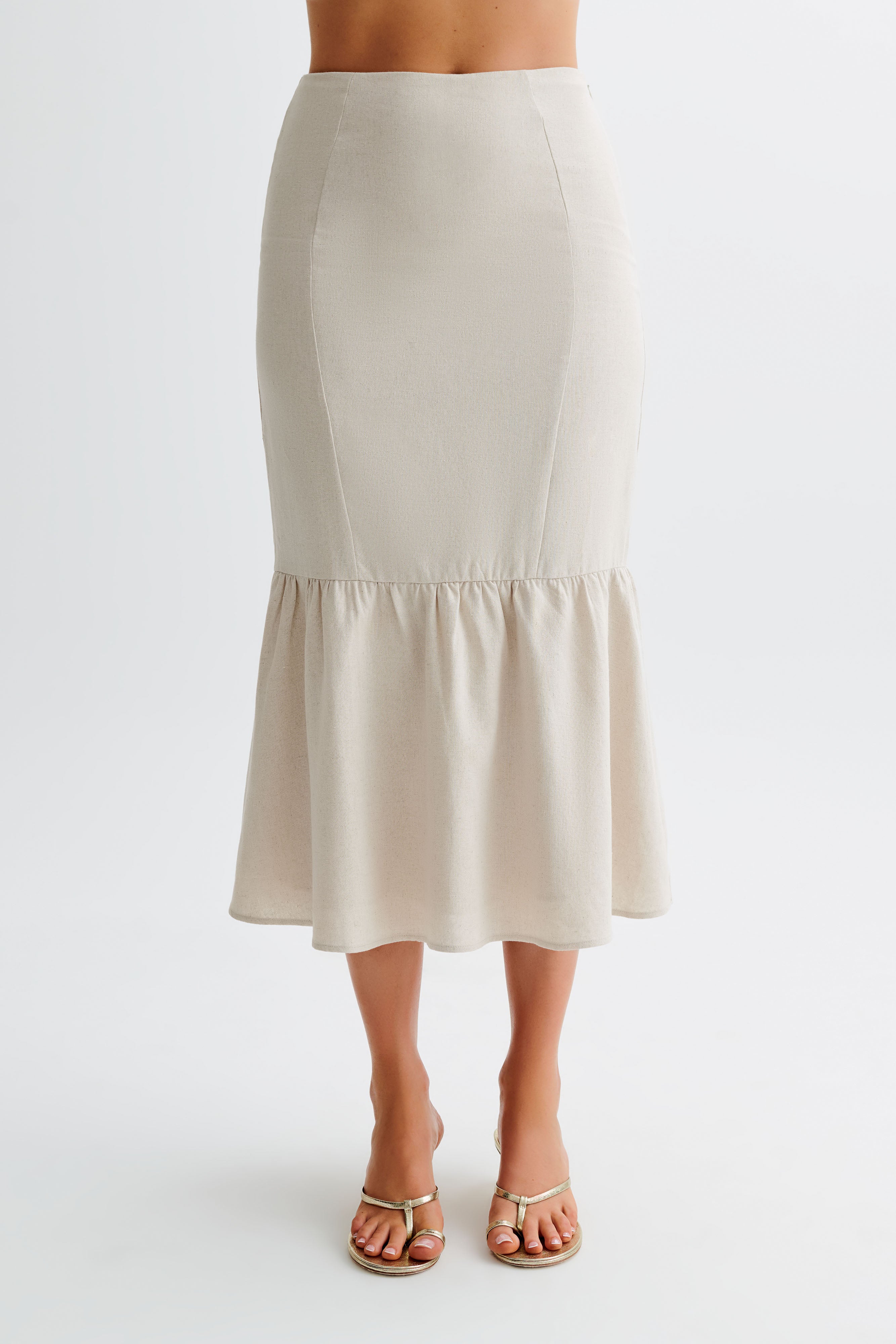 Venezia Linen Midi Skirt With Ruffle - Natural