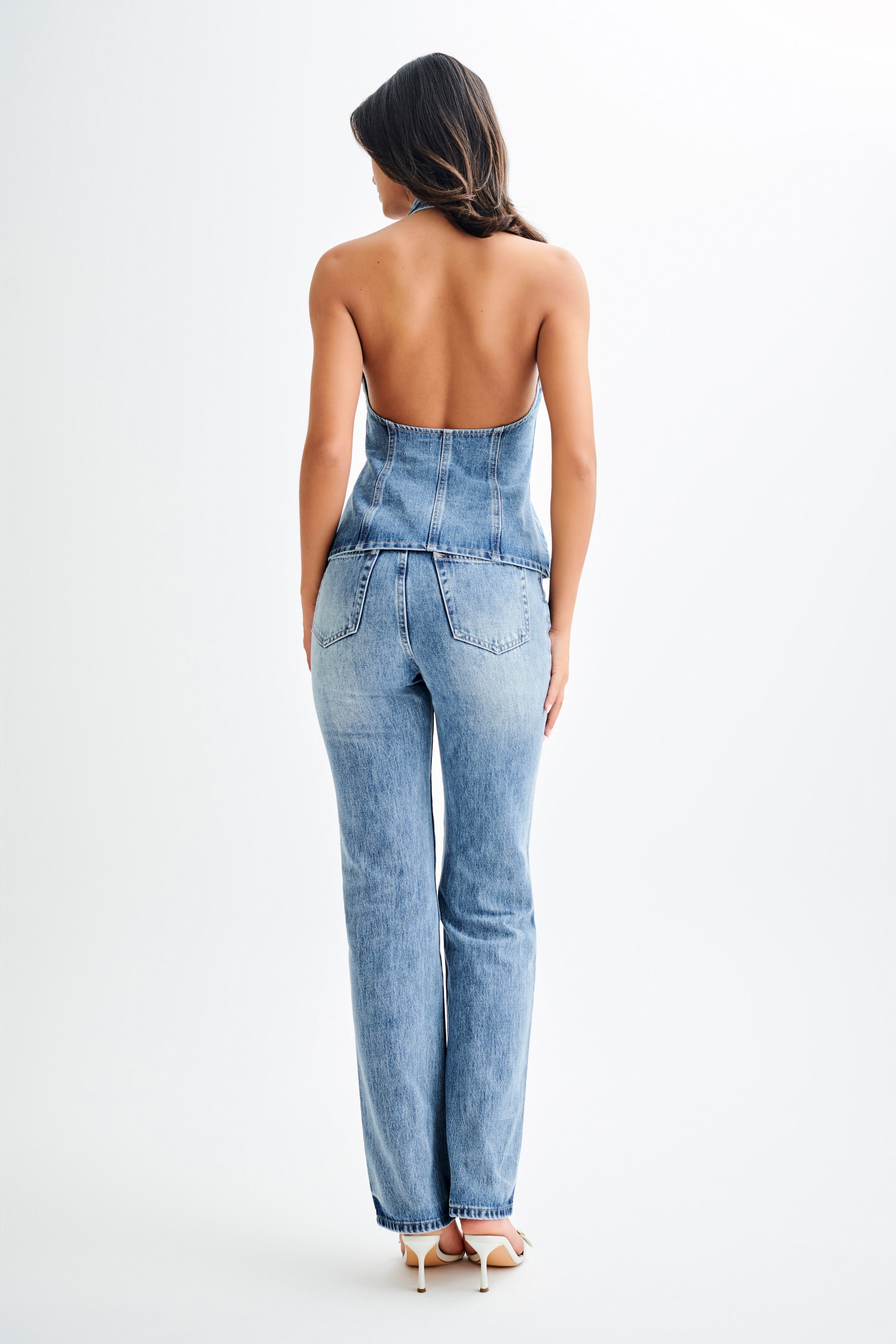 India Button Front Halter Denim Longline Top - Washed Mid Blue