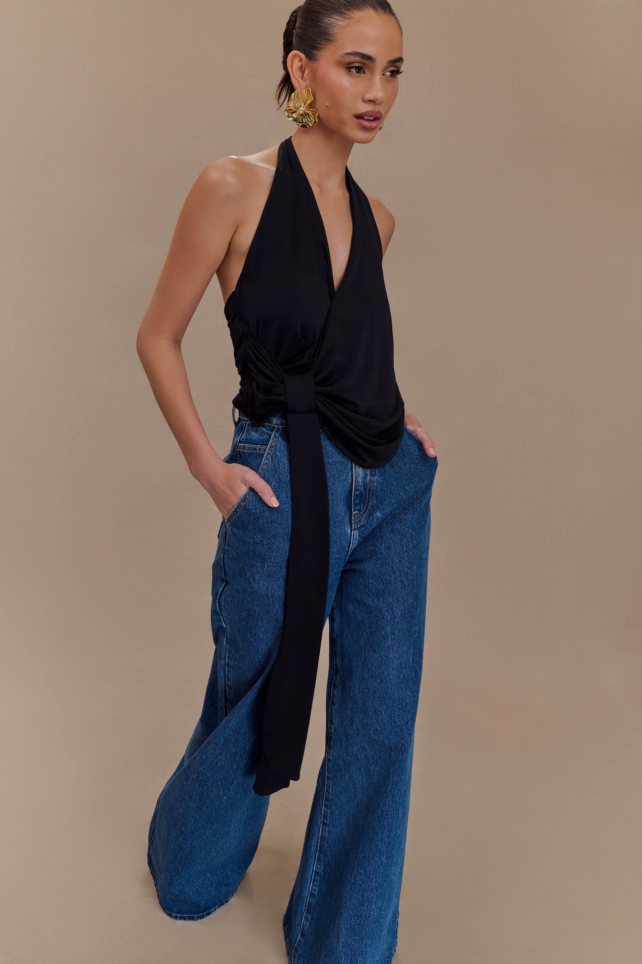 Tyla Draped Slinky Halter Top - Black