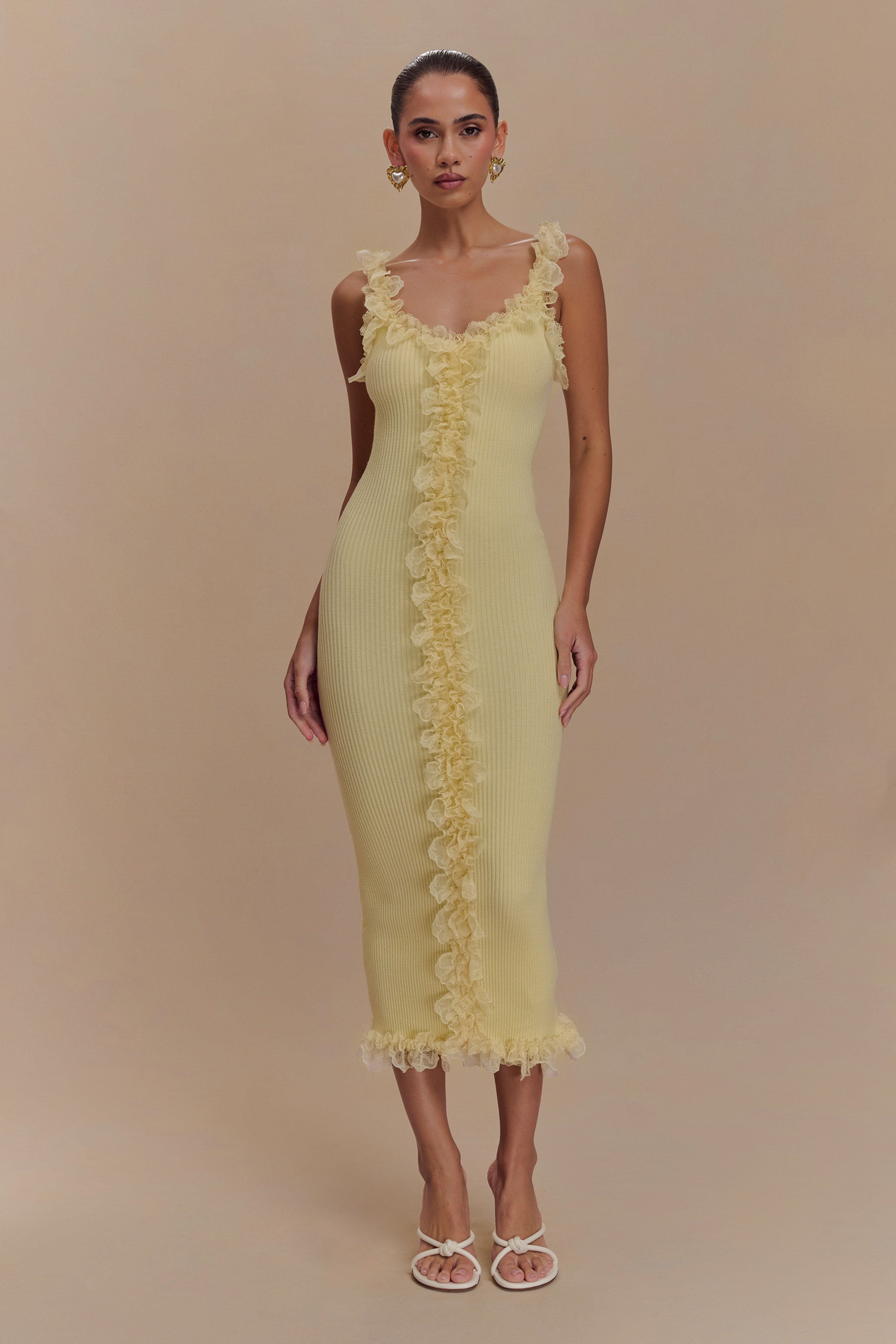 Shay Lace Ruffle Knit Maxi Dress - Lemon