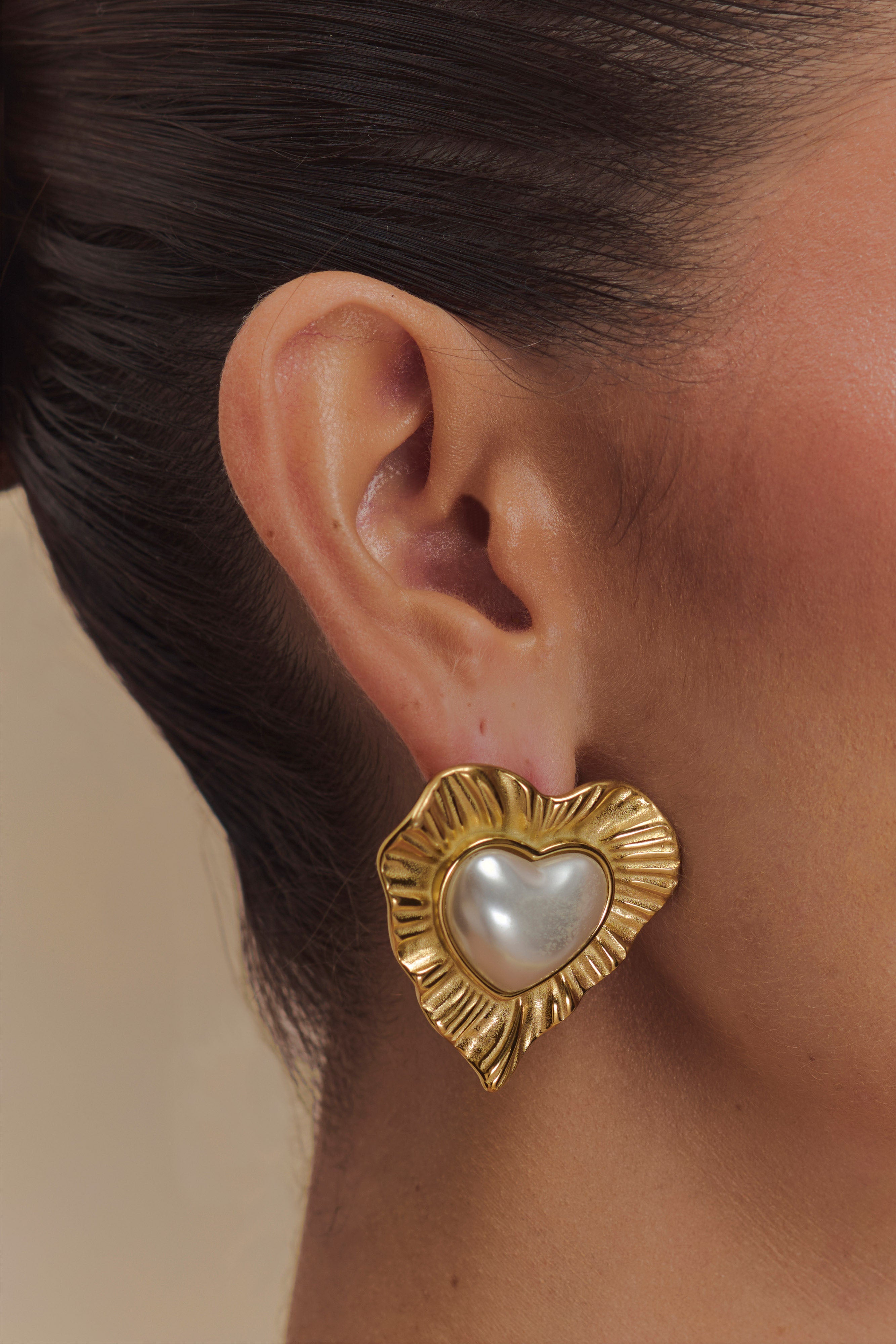 Heart To Heart Pearl Earrings - Gold
