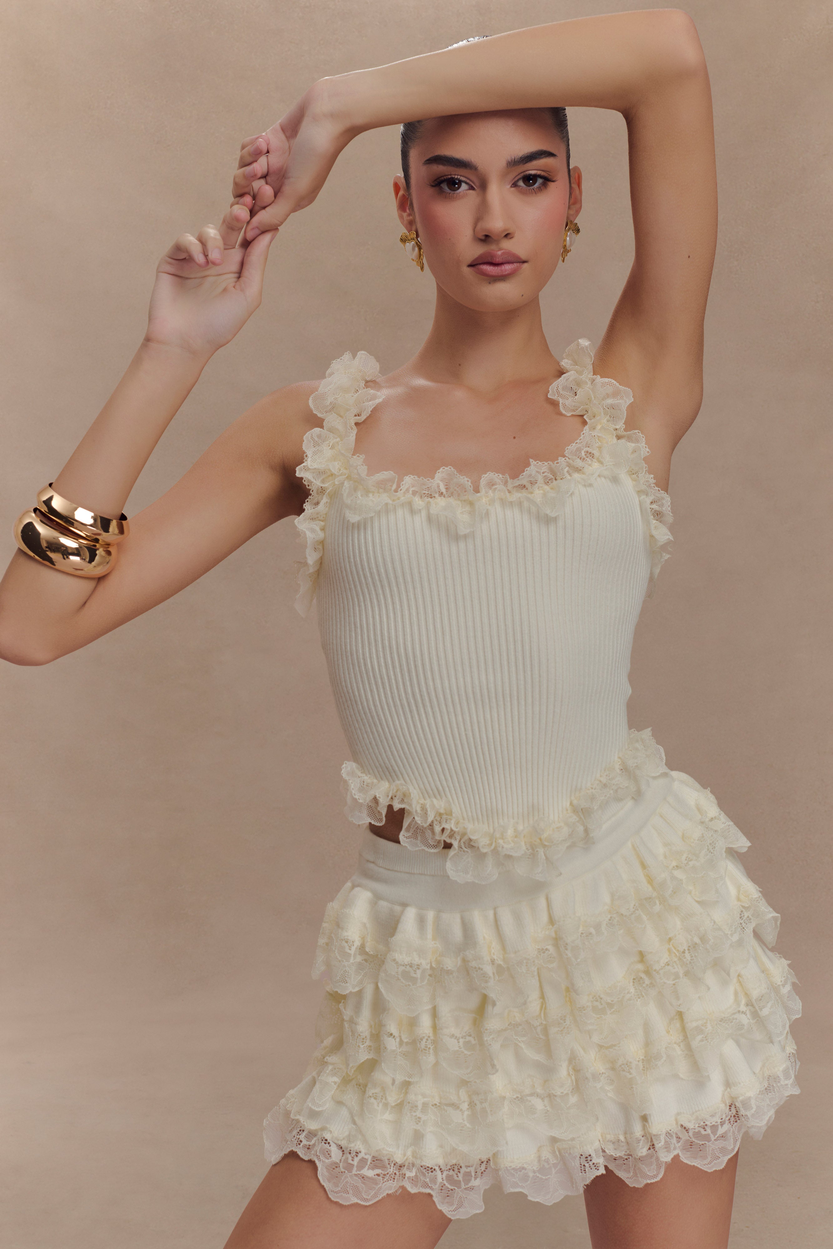 Shay Lace Ruffle Knit Top - Cream