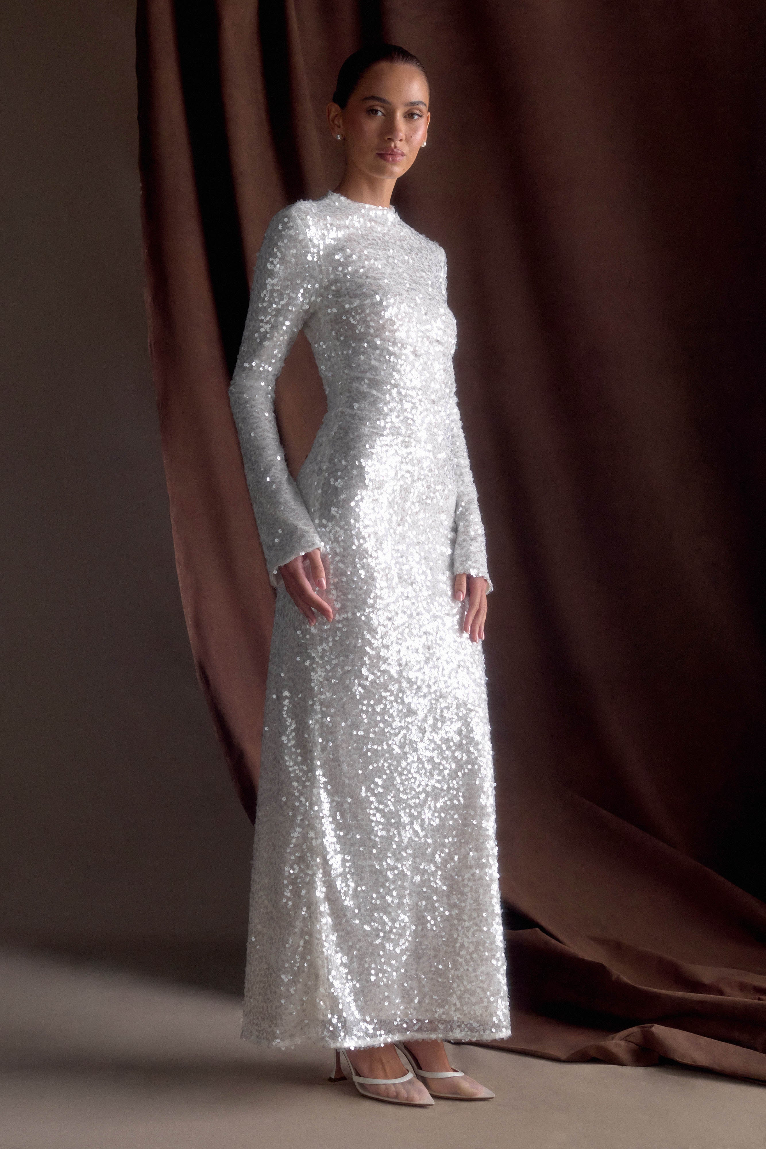 Sofia Long Sleeve Sequin Maxi Dress - White