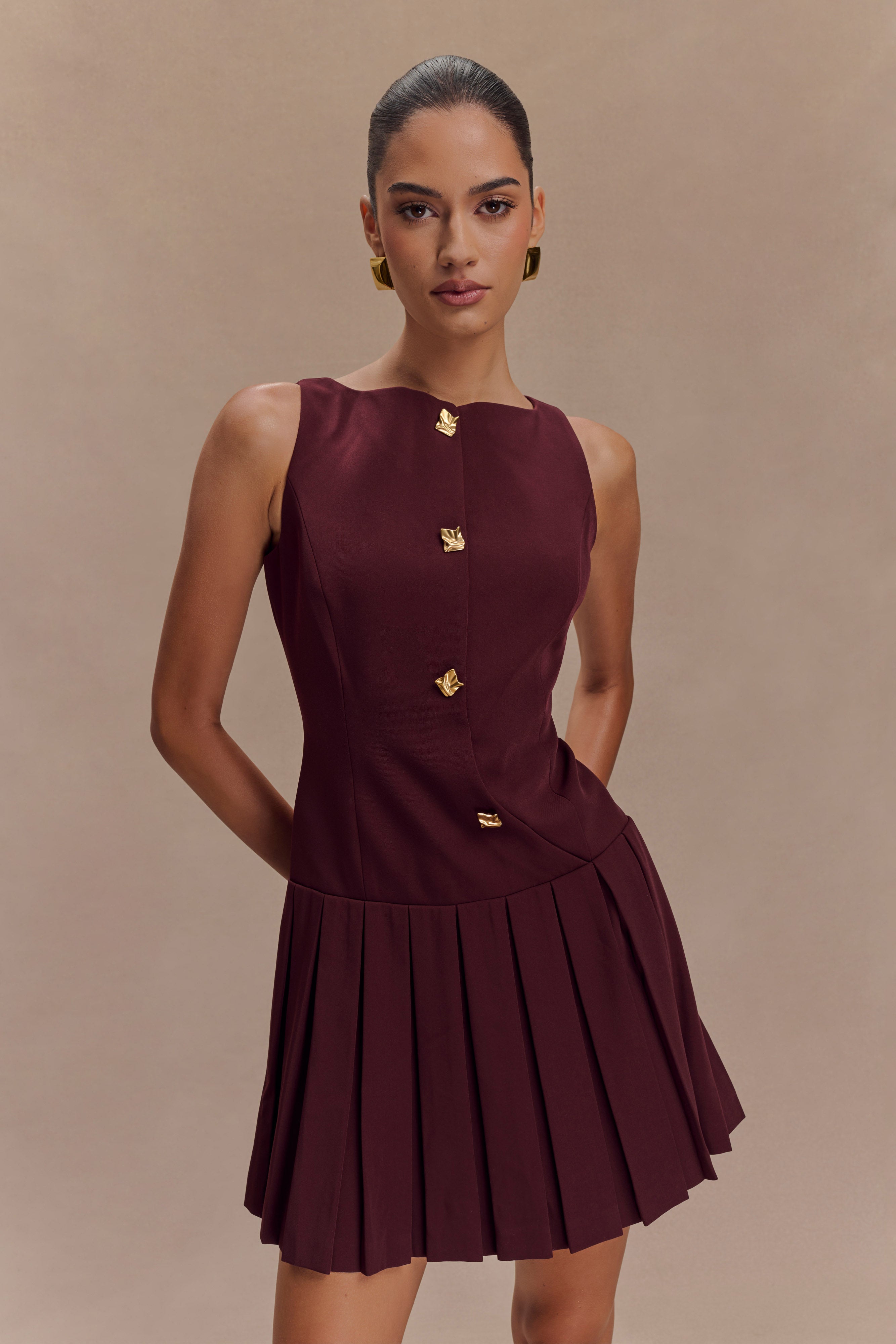 Mackenzie Sleeveless Pleated Mini Dress - Mahogany