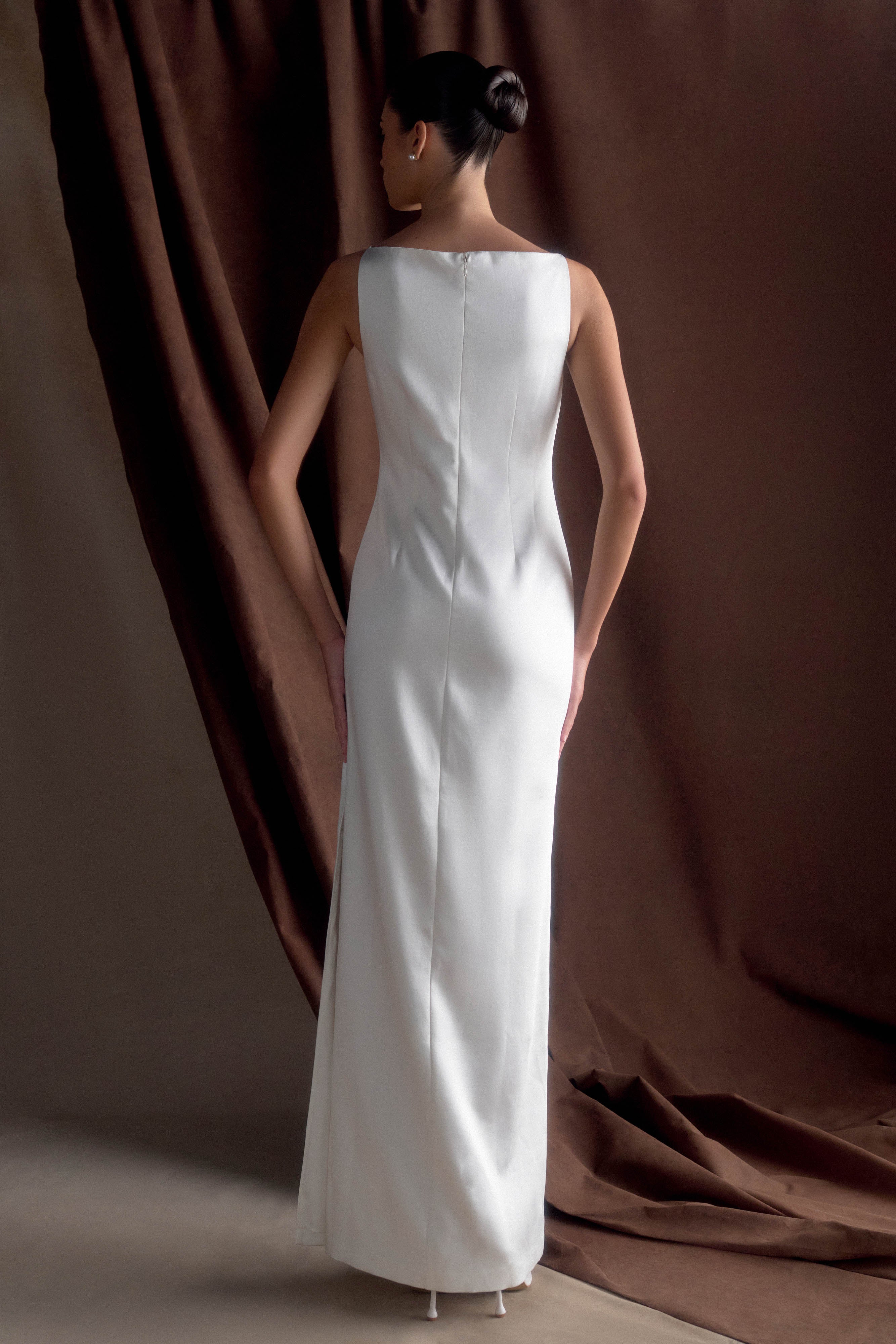 Violet Sleeveless Satin Maxi Dress - White