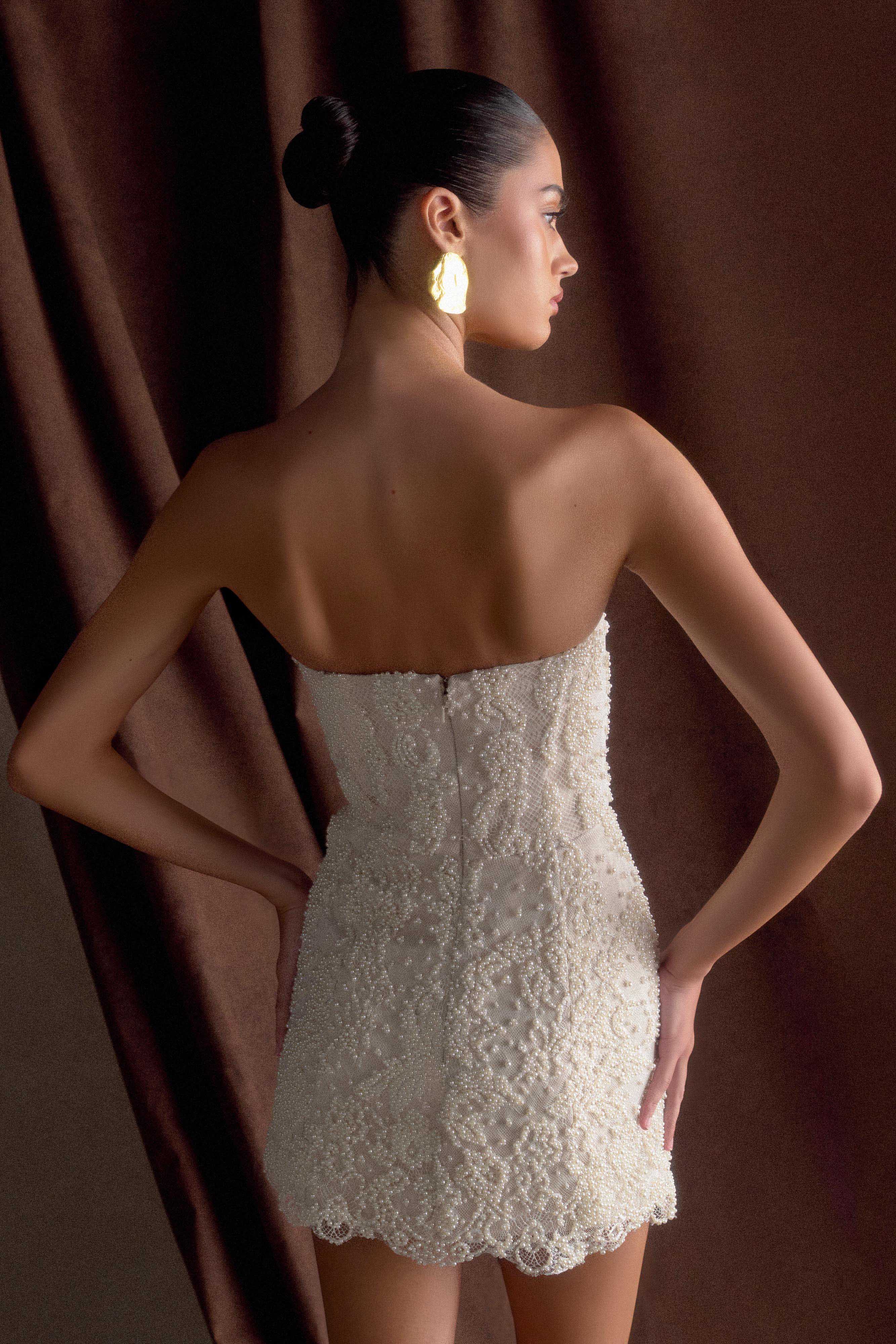 Eva Hand Beaded Pearl & Lace Mini Dress - White