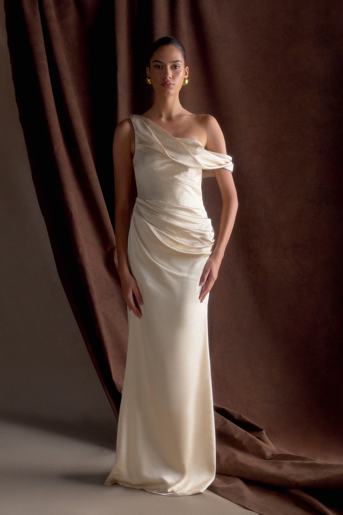 Dalia Off Shoulder Satin Maxi Dress - Champagne