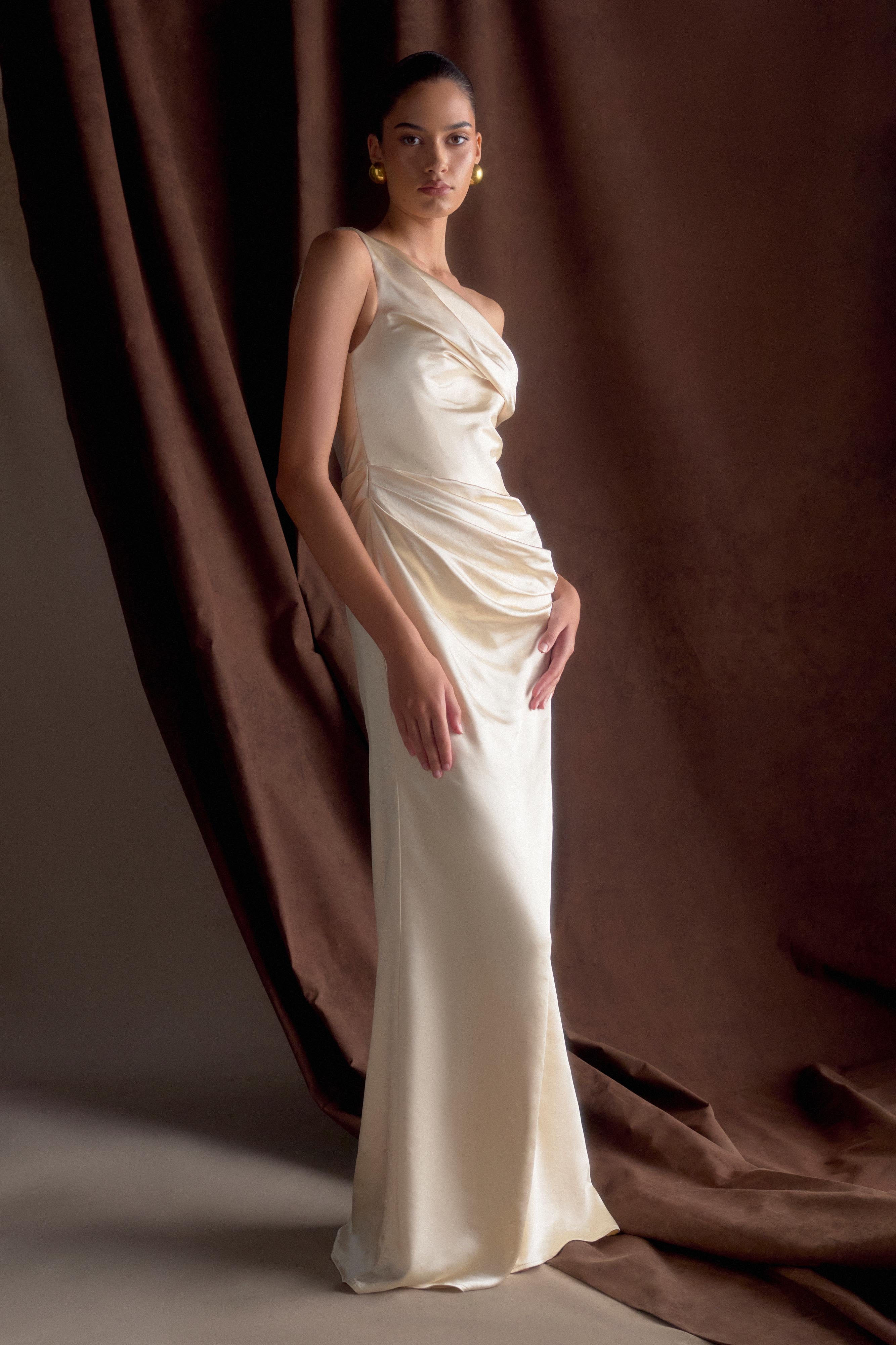 Dalia Off Shoulder Satin Maxi Dress - Champagne