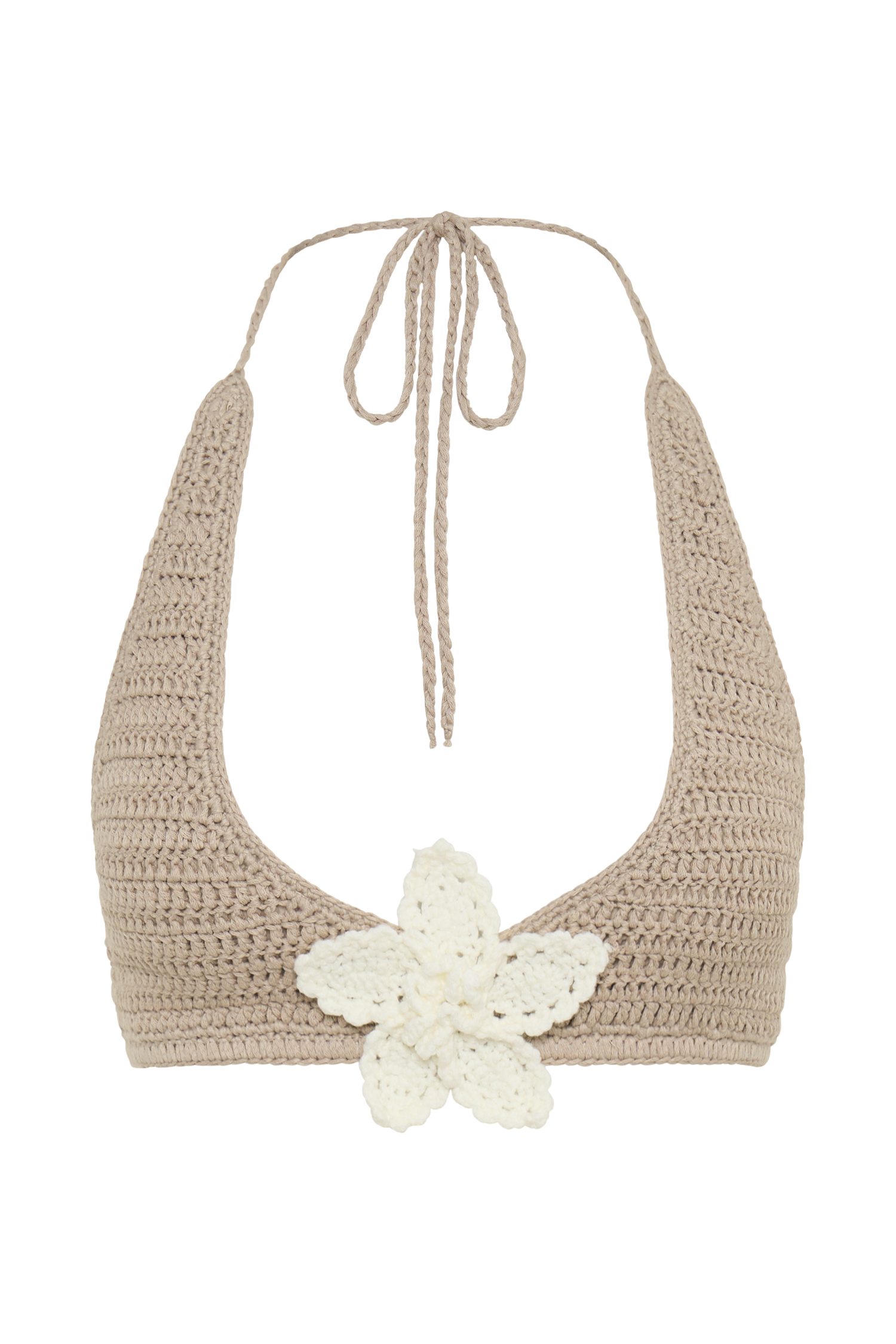 Rhiannon Floral Crochet Halter Bikini Top - Taupe/White