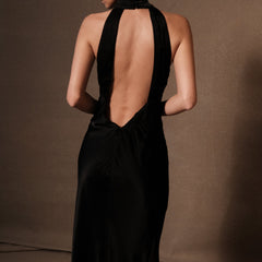 Claire Satin Drape Back Maxi Dress with Split - Black