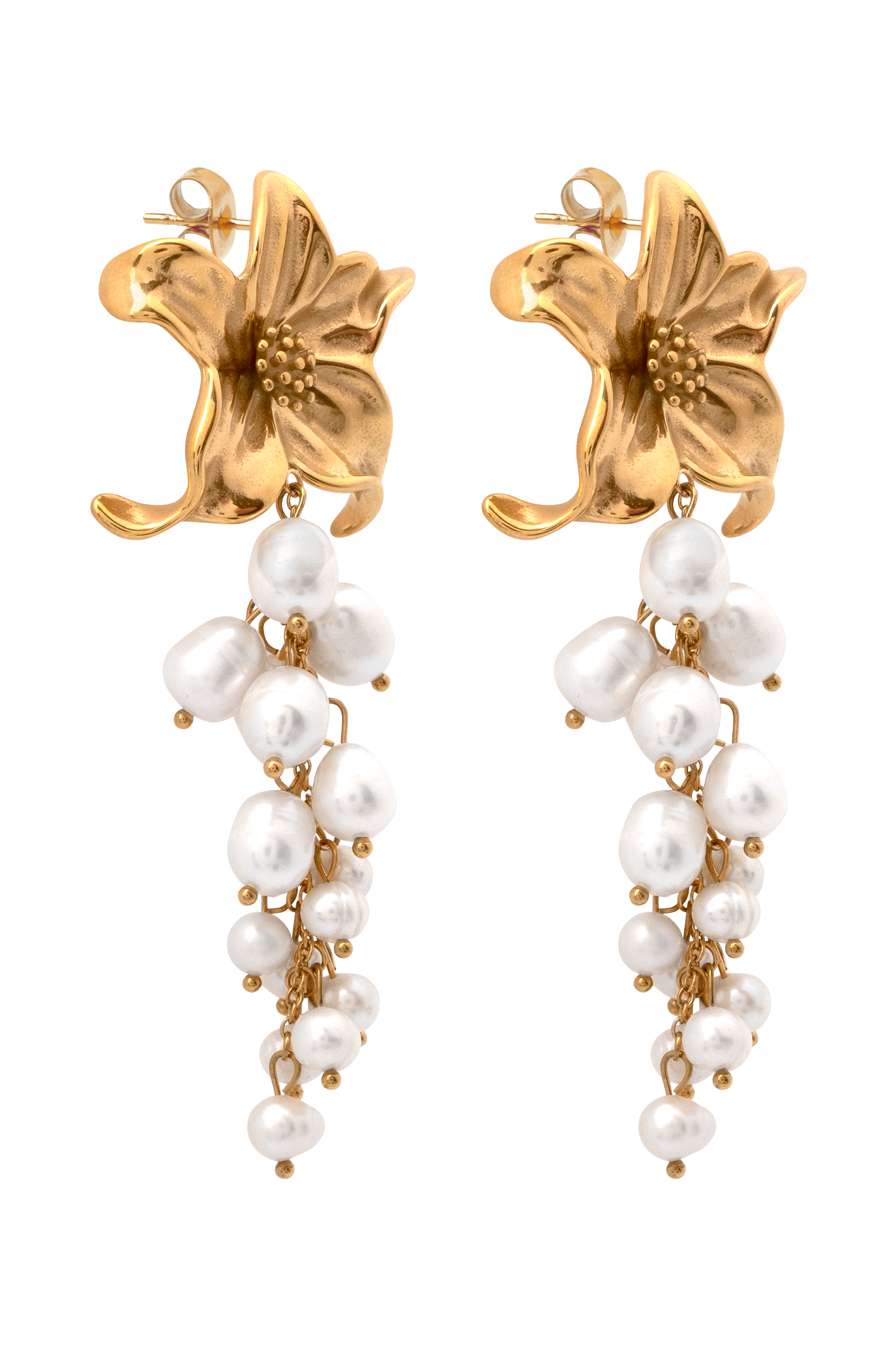 Eva Floral Fresh Water Pearl Earrings - Gold