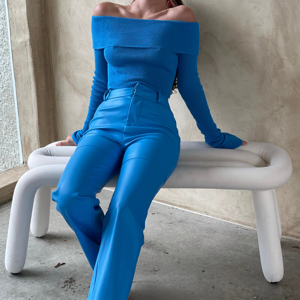 Sima Faux Leather High Waist Pants - Azure Blue